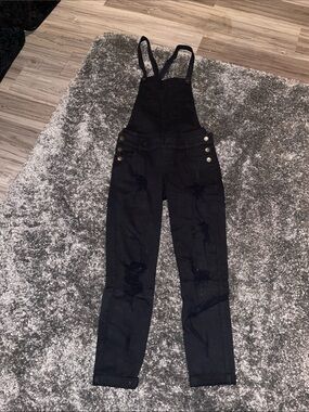 Guess Black Distressed Denim Overalls with Button Accents